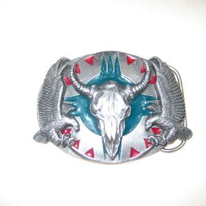 VINTAGE SISKIYOU BUFFALO SKULL W/SCREAMING EAGLES BELT BUCKLE 1984